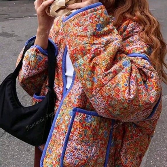 Women's Christmas Casual Asymmetric Print Pocket Warm Jacket, Autumn/Winter